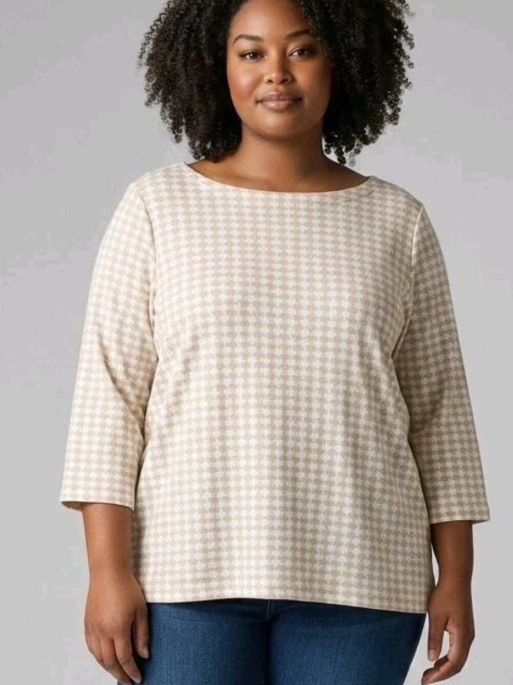 Croft & Barrow Womens XXL Houndstooth Boat Neck 3/4 Sleeve Cotton Top Beige